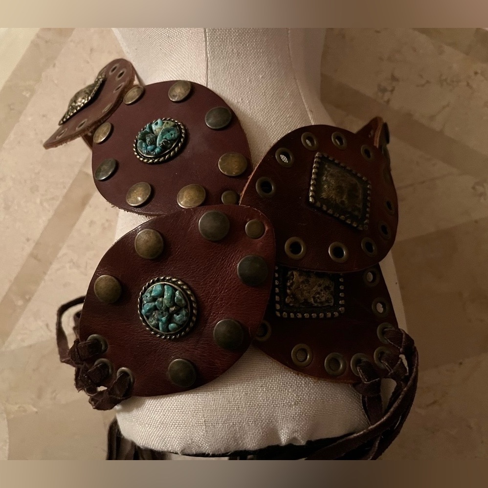 Neiman Marcus Nwot Artisan Brown Leather Belt With Turquoise Stones & Fringe